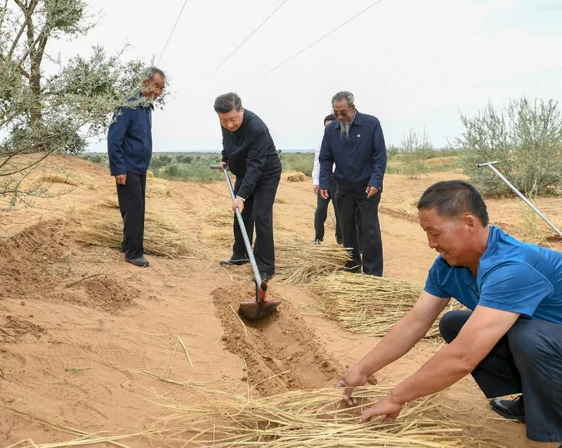 2019年8月21日，習(xí)近平來到甘肅省武威市古浪縣八步沙林場，實地察看當(dāng)?shù)刂紊吃炝?、生態(tài)保護等情況。新華社記者 謝環(huán)馳 攝